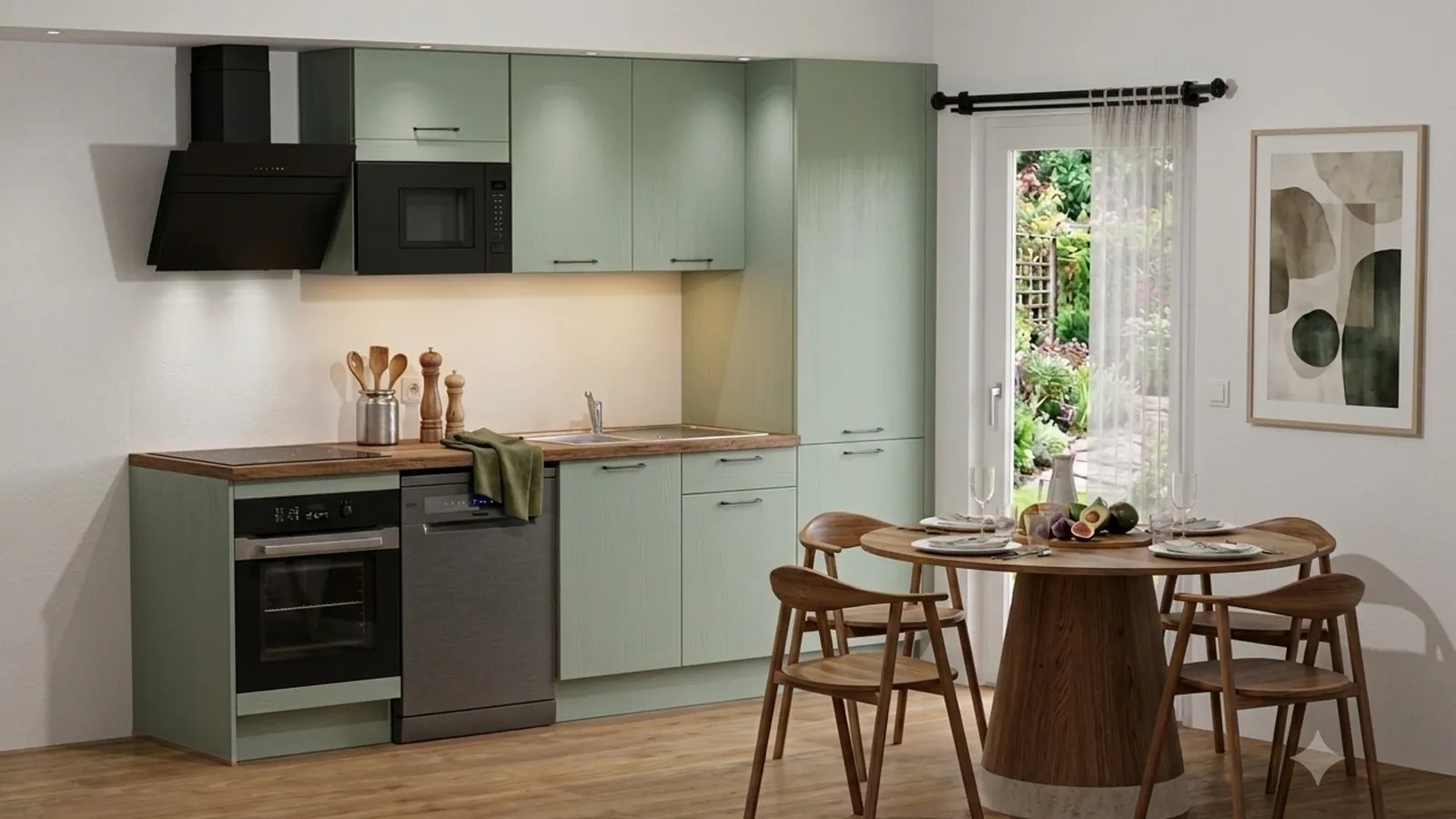 Une cuisine équipée installée par Cuizineo, façades vert d'eau et table ronde